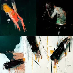 Minimal abstract oil paintings close up person limbs sinew and concrete fragments illuminated at night style of Justin Mortimer