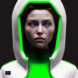 Pretty irish woman, rounded face, green, white, hoodie, feathers, retro, latex, leather, soft color, highly detailed, art stations, concept art, smooth, unreal engine 5, god rays, ray tracing, RTX, lumen lighting, ultra detail, volumetric lighting, 3d, finely drawn, high definition, high resolution, neon background.