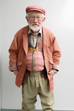 An old man wearing children's clothes