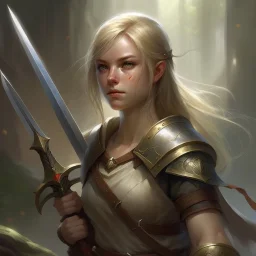 pretty girl, aged 30, blonde, conventionally attractive, fighter, greatsword, elf