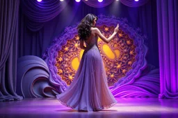 modern stage with gray-dark yellow blueish violet theme artistic decoration , color full dynamic lighting, a beautiful lady in maxi dress with shining silver jewels ,curvy long hair,dancing, 3D recursive fractal structure animating background