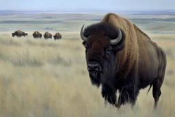 Bison walking towards viewer's left, prairie grasses in foreground, background fades out to white