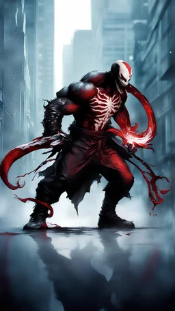 Venom symbiote with kratos red tattoos and Clothes, holding blade of choice