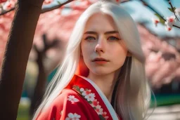 ((close up)) portrait of a beautiful young woman, 1girl, (dreamy big eyes), wearing red kimono, (long white hair), (green eyes), smirk, lips, in a park, under a cherry blossom tree, hair floating in the wind, sunlight, cinematic lighting, ((from below))