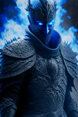 blue smoke in a shape of humanoid of colour of a storm wearing a scalemail armor