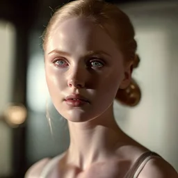 young woman molly quinn, muscular sweat, movie still, attractive perfect face, supermodel body, blondephoto, rule of thirds, deborah ann woll dramatic lighting, short hair, detailed face, detailed nose, woman wearing tank top, smirk, realism, realistic, raw, analog, woman, portrait, photorealistic, analog, realism