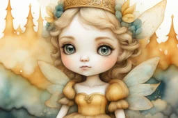 closeup, double exposure, merged layers, golden patina, corrosion, topographic lines, needle felt mohair cute chibi fairy princess, fairy village, watercolor and charcoal S<AI in sunshine