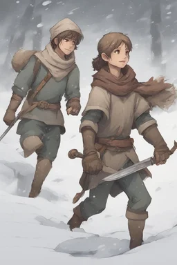 DnD style, two medieval peasant kids playing in the snow, female age 14 and male age 15, happy and playful, he has a short sword.