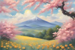Sunny day, clouds, flowers, mountains, spring, mountains, fantasy, japanese manga style, friedrich eckenfelder impressionism paintings