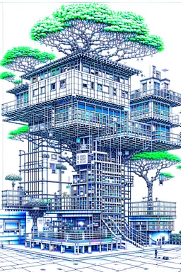 Dibujo arquitectónico de una casa del árbol cyberpunk, hiperdetallada, calidad ultra, increíble obra de arte