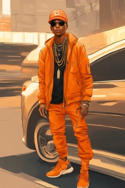 Pharrell Williams dressing in orange, cyberpunk, ultra realistic