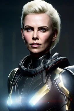 A bionic charlize theron robot wearing a dragon skull mask, atmospheric, realistic, unreal engine, cinematic lighting, octane render.