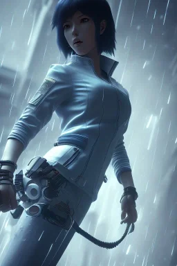 Motoko Kusanagi, raining, nostalgic, cold, dark blue, gloomy, heavy fog, 8k photorealistic, cinematic lighting, high details, dramatic, atmosphereric