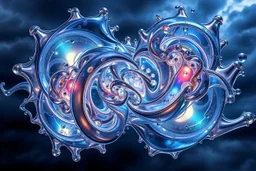 Dynamic complex hypnotic fractal 3D structures horizontal Symmetry twisting and morphing between organic and geometric forms , smooth translucent iridescent glass with inner glow and bubbles, varied transparent materials, stormy skies, intense dramatic