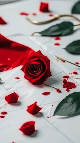 blonde hair strands cuts . white fabric background. measuring tape .drops of blood.red rose. red envlope .cinematic