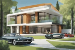 Architectural drawing of a luxurious modern country house, trees, people and cars, complementary colors