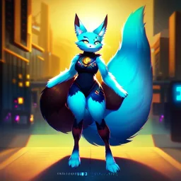 A fox fursona, Furry art, Digital art, cyberpunk, High quality, Backlighting, female, anthropomorphic, full body portrait, 8k resolution, fox tail, Realistic, high quality, great details, within portrait, masterpiece, best quality, cinematic lighting, detailed outfit, vibrant colors, perfect eyes, furry, human body, robotic arm, sfw