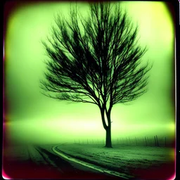 Dark street creepy fog colours strong texture artistic polaroid volumetric light tree nightmare Yves Tanguy, anguish and distress