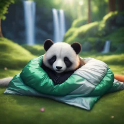 pen outline, waterfall, panda fox in luxury sleeping bag on green lawn in magical forest ,bokeh like f/0.8, tilt-shift lens 8k, high detail, smooth render, down-light, unreal engine