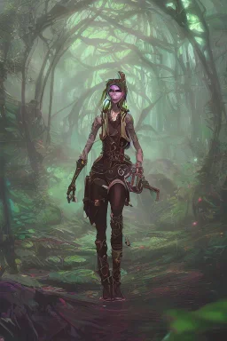 steampunk elf in a neon dystopian forest