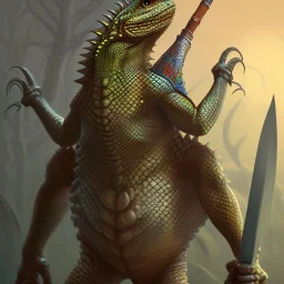 fantasy art, book cover, lizard man with scaly face and spear