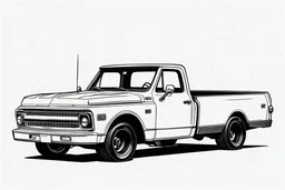 outline art for an adults coloring page, 1967 Chevrolet Stepside pickup, lowered, sport truck, street truck, realistic, white background, detailed sketch style, no color, only use outline, clean art , line drawing with no shading, white background, no shadows and clear well outlined,