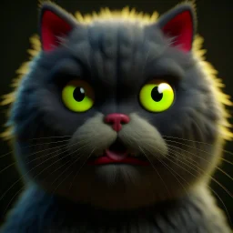 Gato furioso, extremadamente gordo, supergordo, cabeza muy pequeña, orejas pequeñas, bigotes largos, piel peluda, calidad ultra, hiperdetallado, hiperrealista, arte digital, cabeza muy pequeña, 8k 3D