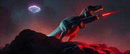 volume fog light, hyper real rock dinosaur general with weapon arsenal from hell, guarding bridge up to space saucer neon plastic transparent