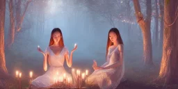 a group of african, asian, european, colourful dressed woman, sitting in a cirle surrounded by candles, crystal, meditating in a enchanted forest, fotorealistic, high quality, landscape, 17