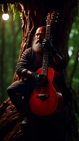 portrait of hairy rock guitar ninja tomato living inside a tree house in a hollow huge tree growing light bulbs, singing into ornate studio mic,bokeh like f/0.8, tilt-shift lens 8k, high detail, smooth render, down-light, unreal engine, prize winning