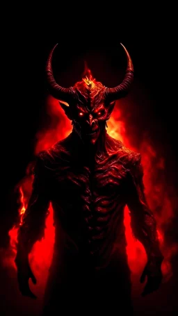 Full HD, 8K, red devil with two horns on his head, angry, scary and scary, with fire background, dark, full body