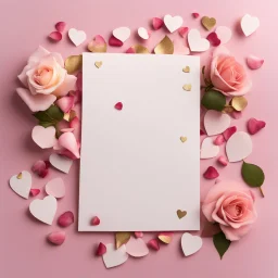 A photo of a white card, 5.5 by 4.25 inches. The card is vertically positioned on a beautiful light pink surface, positioned between pink rose petals and litte golden hearts.