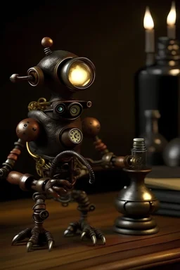 Short creature metal, body made out of lab equipment, nonorganic, goggles eyes, steampunk, dark brass body, humanoid, Bunsen burner, beakers , Microscope
