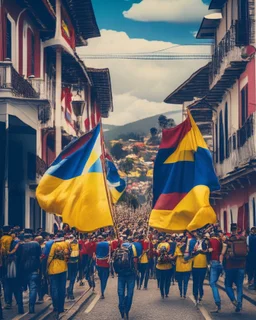 Marcha de ciudadanos por la calle con banderas de Colombia arte digital imágen retro 4k