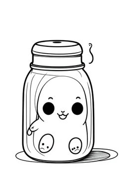 KAWAII ghost stuck in the jar idea, line art, background, vector, svg, black outline on white background, leave plenty of white space beetween lines for coloring, tattoo style, tattoo idea,full body, minimalist