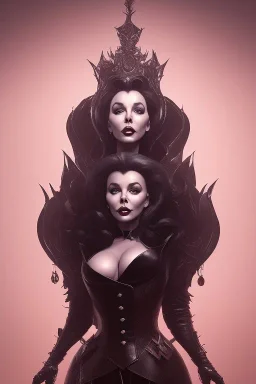 Joan Collins as evil queen in black leather, leather, busty, cleavage, angry, stern look. character design by cory loftis, fenghua zhong, ryohei hase, ismail inceoglu and ruan jia. unreal engine 5, artistic lighting, highly detailed, photorealistic, fantasy