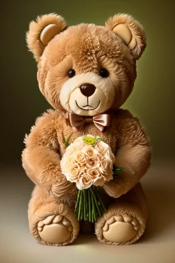 A light brown smiling teddybear holding a bouquet of flowers. His fur is realistic. The background is a romantic Italian restaurant bokeh digital painting extremely detailed studio lighting crisp quality and light reflections 8k cinematic lighting portrait photorealistic ultra detailed cinematic postprocessing focused