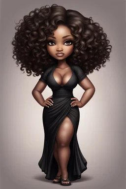 create a digital airbrush image of a chibi curvy black female wearing a black maxi dress and black sandals. Prominent make up with brown eyes. Highly detailed wild tight curly hair.