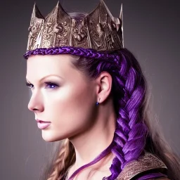 viking queen with purple armor, delicate purple braided hair, highly detailed, 8k, ambient light, taylor swift