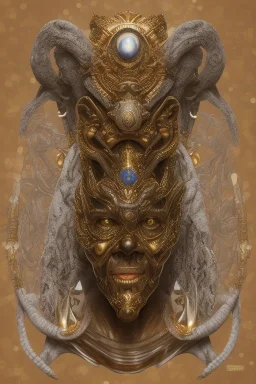 black male African Egyptian alien, cracks in the voodoo head, wicked, eyes, crown, Elephant, 8k, finely detailed, photo realistic, tiger turquoise skull head gold dragon space alien snow skeleton gold teeth silver crown silver space face mask