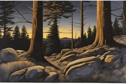 Night, trees, mountains, rocks, richard estes paintings