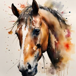 Masterpiece, best quality, watercolor painting, Dean Crouser style, Horse head portrait, white background with some splatters, rule of thirds