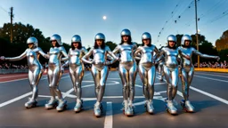 Hyperrealistisch dutzende Rollergirls völlig verhüllt von silber glänzendem Ganzkörper-Zentai mit geschlossenem verspiegelten Visier in identischen silberfarbenen, geschlossenen Helmen fahren in präziser Formation parallel nebeneinander und hintereinander mit silbernen Rollerskates unter Flutlicht auf Asphalt