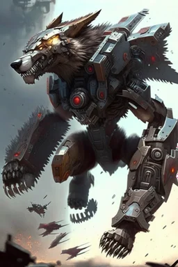 A fighting iron wolf with the ability to fly A war machine with all the tools