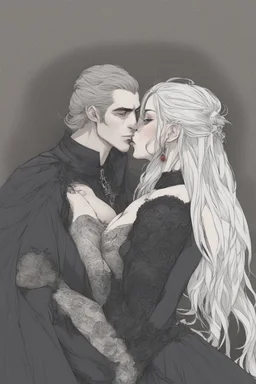 Strahd Von Zarovich, long black hair, being kissed on the mouth by a beautiful woman with white hair, wearing an off the shoulder dress. Settling and background are a lavish toomb with an ebony coffin.