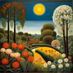 A marvelous landscape, trees, flowers, sun, intricate, Henri Rousseau, Max Ernst, thoughtful, interesting, a bit appalling