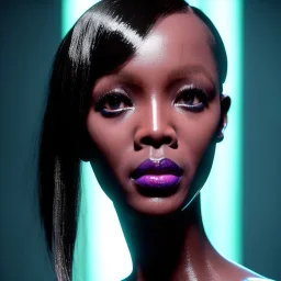 young naomi campbell, sweet replicant woman, blade runner style, rain, fog, neon ambient, gradient color, clean skin, circuits, latex coat, cyber punk, neon, tubes, portrait, studio photo, unreal engine 5, smooth color, 16 bit, god lights, ray tracing, RTX, lumen lighting, ultra deatail, volumetric lighting, 3d, finely drawn, hd.