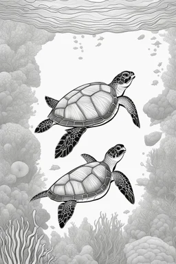 STRESS RELIEF themed coloring page for adult, cartoon style, thick outline, low details, no shading, no color, A serene underwater world with gliding sea turtles and coral