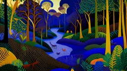 A purple jungle with a toxic river designed in Indian Gond art painted by Georges Seurat