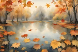 Autumn leaves floating on a pond, watercolor by Picasso and Caspar David Friedrich and Daniel Merriam translucent fantasy high detail crisp quality Modifiers: 4K 3D 丰富多彩的 美丽的 数字绘画 幻想 电影灯光 错综复杂 美妙的景色 超详细 获奖 高清 水墨画 水彩风格 水彩拼布 湿水彩 丹尼尔.梅里亚姆风格 让-巴蒂斯特.蒙日 超现实的 皇家色彩 品质清脆
